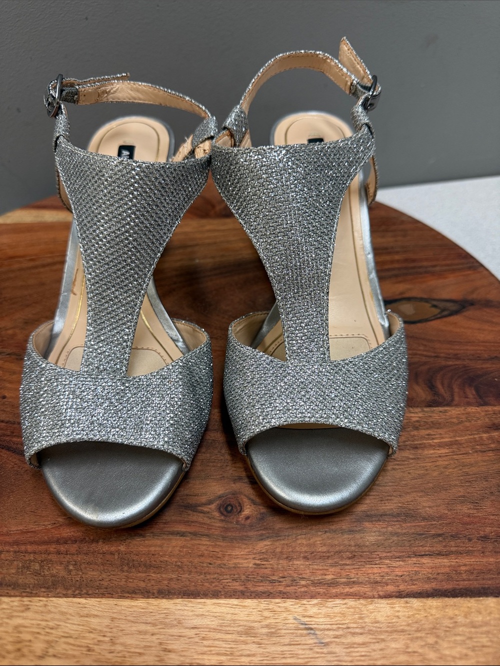 Alex Marie Silver Sparkle T-Strap Heels‎